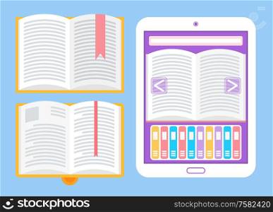 Electronic book and printed publication on paper vector. Isolated icons, bookmark on page, online library access to literary works worldwide flat style. Electronic Book and Printed Publication on Paper