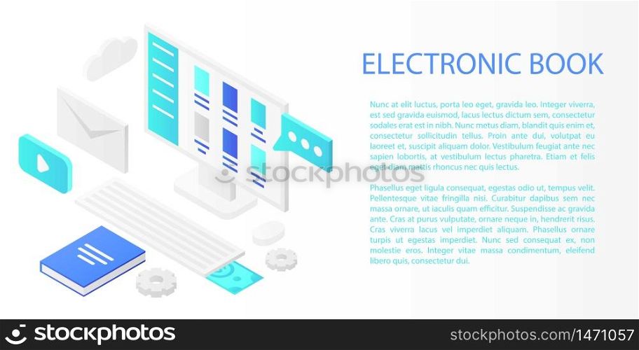 Electronic book concept banner. Isometric illustration of electronic book vector concept banner for web design. Electronic book concept banner, isometric style