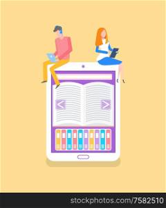 Electronic book people sitting on ebook reading literary works vector. Man and woman busy with work, online access to publications worldwide library. Electronic Book People Sitting on Ebook Reading