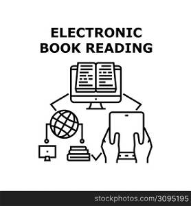 Electronic Book Reading Vector Icon Concept. User Electronic Book Reading Online On Computer Monitor And Digital Tablet Screen. Worldwide Network Internet Library E-book Black Illustration. Electronic Book Reading Vector Black Illustration
