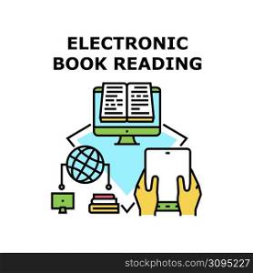 Electronic Book Reading Vector Icon Concept. User Electronic Book Reading Online On Computer Monitor And Digital Tablet Screen. Worldwide Network Internet Library E-book Color Illustration. Electronic Book Reading Vector Color Illustration