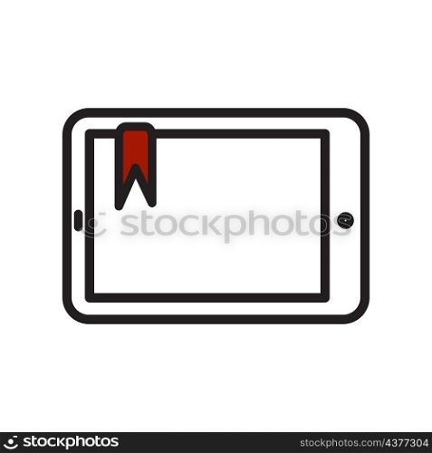 Electronic book tablet icon. Red bookmark sign. Education background. Cartoon design. Vector illustration. Stock image. EPS 10.. Electronic book tablet icon. Red bookmark sign. Education background. Cartoon design. Vector illustration. Stock image.