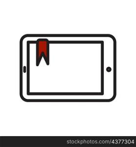 Electronic book tablet icon. Red bookmark sign. Education background. Cartoon design. Vector illustration. Stock image. EPS 10.. Electronic book tablet icon. Red bookmark sign. Education background. Cartoon design. Vector illustration. Stock image.