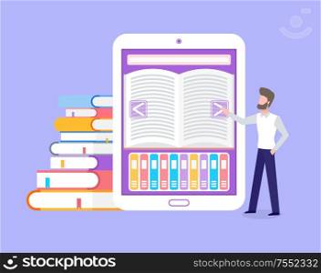 Electronic book with library for free students access vector. Ebook with opened page, man touching screen of tablet. Education printed materials in cover. Electronic Book Library for Free Students Access