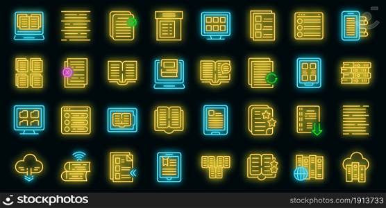 Electronic catalogs icons set. Outline set of electronic catalogs vector icons neon color on black. Electronic catalogs icons set vector neon