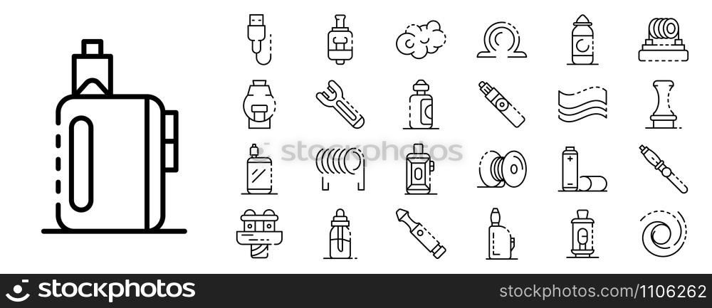 Electronic cigarette icon set. Outline set of electronic cigarette vector icons for web design isolated on white background. Electronic cigarette icon set, outline style