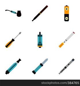 Electronic cigarette icons set. Flat illustration of 9 electronic cigarette vector icons for web. Electronic cigarette icons set, flat style