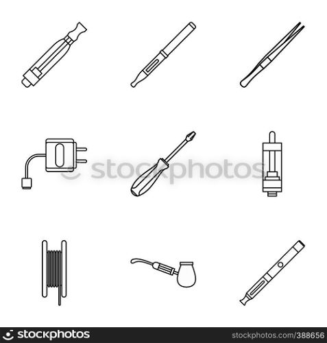 Electronic cigarette icons set. Outline illustration of 9 electronic cigarette vector icons for web. Electronic cigarette icons set, outline style