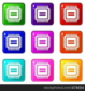 Electronic circuit board icons of 9 color set isolated vector illustration. Electronic circuit board icons 9 set
