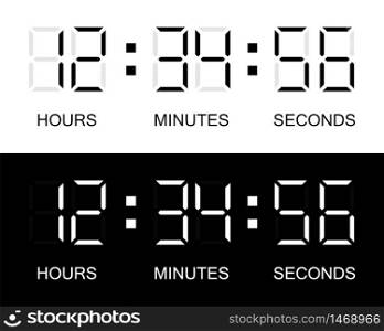 Electronic clock. Electronic Digital clock with numbers. Digital Time with Numbers on white and black background. Vector illustration.