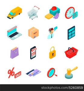 Electronic Commerce Shopping Isometric Icons. Electronic commerce isometric icons with gadgets for buying on internet and shopping symbols isolated vector illustration