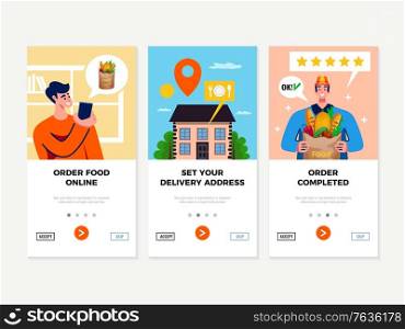 Electronic commerce vertical banners set promoting online order and food delivery flat vector illustration