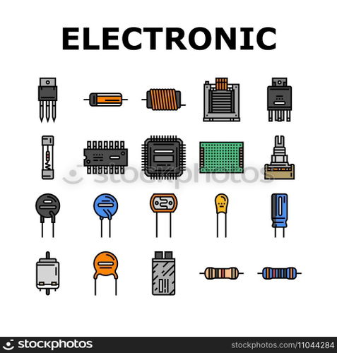 electronic component circuit chip icons set vector. technology computer, hardware microchip, processor electrical, engineering tech, cpu electronic component circuit chip color line illustrations. electronic component circuit chip icons set vector