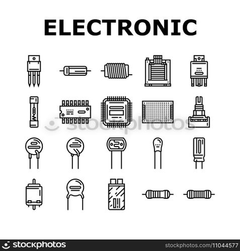 electronic component circuit chip icons set vector. technology computer, hardware microchip, processor electrical, engineering tech, cpu electronic component circuit chip black contour illustrations. electronic component circuit chip icons set vector