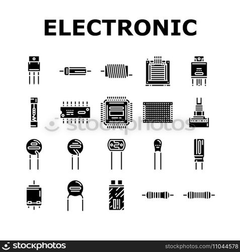 electronic component circuit chip icons set vector. technology computer, hardware microchip, processor electrical, engineering tech, cpu electronic component circuit chip glyph pictogram Illustrations. electronic component circuit chip icons set vector
