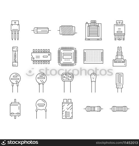 electronic component circuit chip icons set vector. technology computer, hardware microchip, processor electrical, engineering tech, cpu electronic component circuit chip black contour illustrations. electronic component circuit chip icons set vector