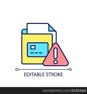 Electronic data issue RGB color icon. Personal and private information. Payment data insecurity. Isolated vector illustration. Simple filled line drawing. Editable stroke. Arial font used. Electronic data issue RGB color icon