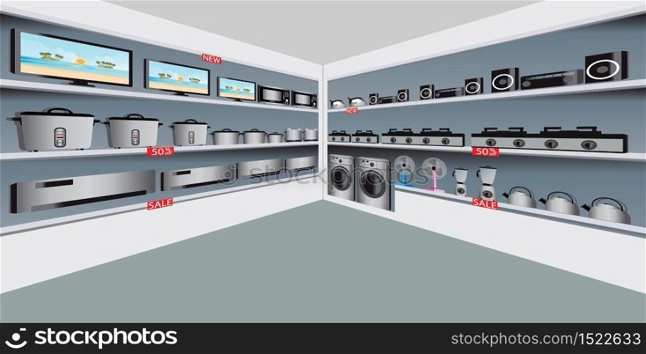 Electronic department store with electrical equipment on shelves display, vector illustration.
