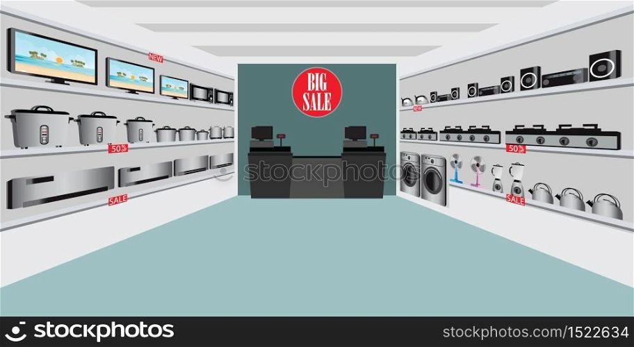 Electronic department store with electrical equipment on shelves displayand and counter cashier, vector illustration.
