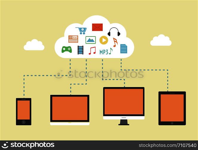 electronic device can download file and another entertainment from cloud server, communication technology, flat style