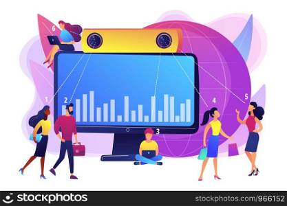 Electronic device for measuring number passageway people. People counter system, visitors counting technologies, retail traffic report concept. Bright vibrant violet vector isolated illustration. People counter system concept vector illustration