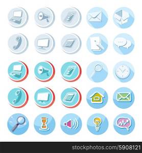 Electronic device icons in cartoon style. Devices include set of communication icons megaphone computer laptop smartphone data information calling monitor and calculator