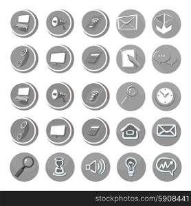 Electronic device icons in cartoon style in black color. Devices include set of communication icons megaphone computer laptop smartphone data information calling monitor and calculator. Electronic device icons in cartoon style