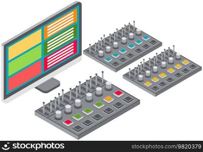 Electronic device, mixer designed to work with signals. Equipment for musician, sound specialist. Volume console to create music. Element of sound control. Audio controller vector illustration. Electronic device, mixer volume console to work with audio. Equipment for musician, sound specialist