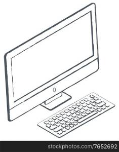 Electronic device, personal computer or PC, used for work and study, office and school. Square shaped monitor and keyboard. Outline picture, sketch drawing. Vector illustration in minimalism. Personal Computer Sketch, Monitor and Keyboard