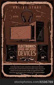 Electronic devices and multimedia retro poster for online store. Vector vintage design of audio sound systems, video and music players or TV television, headphones and smart appliances. Electronic appliances and computer hardware poster