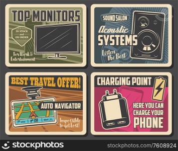 Electronic devices, appliances and digital accessories store, vector vintage retro posters. Computer PC monitors, acoustic audio systems and car navigator equipment, mobile phones charging point sign. Electronic devices, digital appliances posters