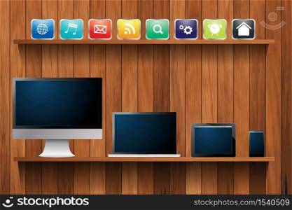 Electronic devices desktop computer, laptop, tablet and mobile phones, With cloud of colorful app icon on wood shelf, Vector illustration template design