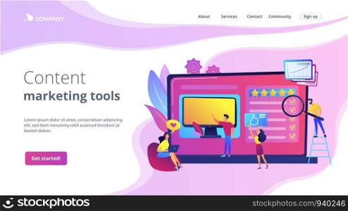 Electronic devices feedbacks website, purchase customer review. Product review, online review services, content marketing tools concept. Website homepage landing web page template.. Product review concept landing page