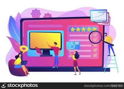 Electronic devices feedbacks website, purchase customer review. Product review, online review services, content marketing tools concept. Bright vibrant violet vector isolated illustration. Product review concept vector illustration