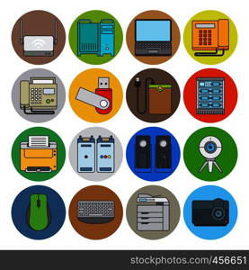 Electronic devices flat line icons. Web camera and laptop, projector and printer vector icons. Electronic devices flat line icons