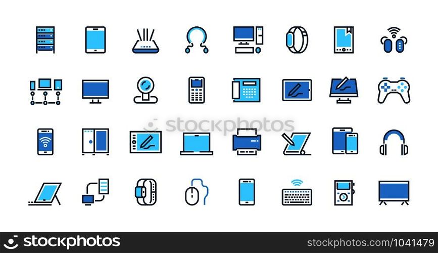 Electronic devices line icons. Desktop computer, laptop and smart gadgets outline pictograms. Vector illustration technology wearable mobile devices set with digital technology screen. Electronic devices line icons. Desktop computer, laptop and smart gadgets outline pictograms. Vector wearable devices set