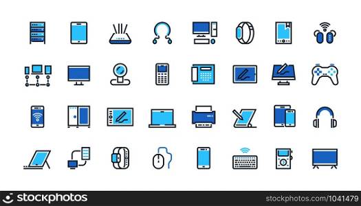 Electronic devices line icons. Desktop computer, laptop and smart gadgets outline pictograms. Vector illustration technology wearable mobile devices set with digital technology screen. Electronic devices line icons. Desktop computer, laptop and smart gadgets outline pictograms. Vector wearable devices set