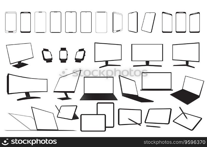 Electronic devices set graphic elements in flat design. Bundle of minimalist simple silhouette of screens mobile phone, computers, wrist watch, laptops and other. Vector illustration isolated objects. Electronic devices set graphic elements in flat design. Vector illustration