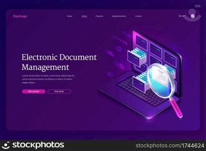 Electronic document management banner. Online paperwork storage, digital system of organization and find docs. Vector landing page of manage business papers with isometric laptop and magnifier. Vector banner of electronic document management