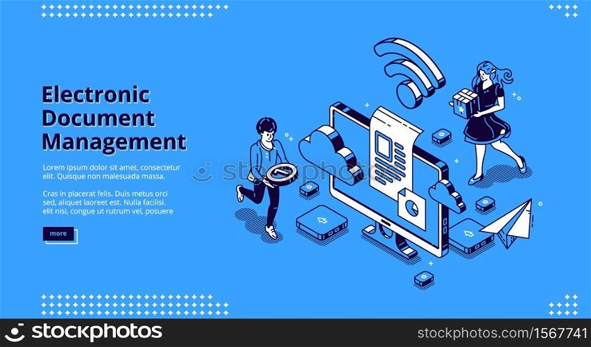 Electronic document management banner. Online paperwork storage, digital system of paper organization. Vector landing page of manage business documents with isometric people and computer screen. Electronic document management banner