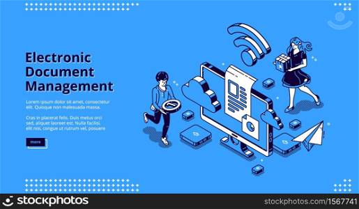 Electronic document management banner. Online paperwork storage, digital system of paper organization. Vector landing page of manage business documents with isometric people and computer screen. Electronic document management banner