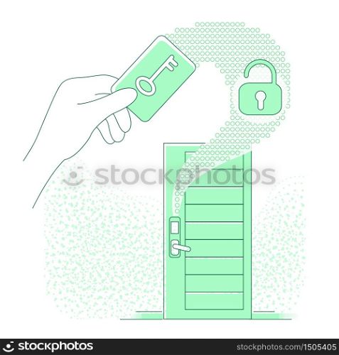 Electronic door key thin line concept vector illustration. Person using keycard 2D cartoon character for web design. Keyless lock system technology, smart home, security creative idea