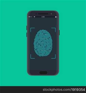 Electronic fingerprint on pass scanning mobile phone screen, security check. Futuristic technology for digital security, identification, privacy system. Vector illustration in flat style. Electronic fingerprint on pass scanning mobile