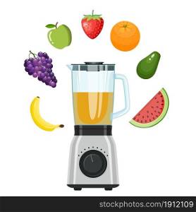 Electronic food and smoothie blender with different fruit. Food processor, mixer, blender. isolated on white background. Vector illustration in flat style.. Electronic food and smoothie