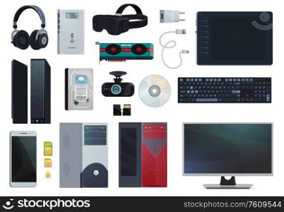Electronic gadgets, digital technology devices and computer appliances, vector items. Mobile phone SIM cards and charger, PC monitor and stylus pad voice recorder, hard disk and micro SD memory card. Computers, digital electronics and appliances