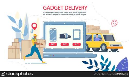 Electronic Gadgets Internet Shop with Delivery Online Service. Loader Putting Packages on Truck. Targeted Transportation to Location Destination. Buy Button on Laptop Screen under Appliance Assortment. Electronic Gadgets Shop with Delivery Service