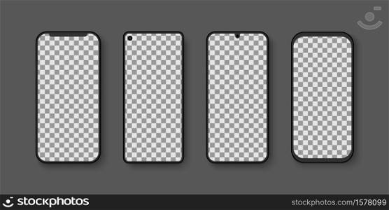 Electronic gadgets mockup. Phones with transparent screen on gray background. Vector illustration