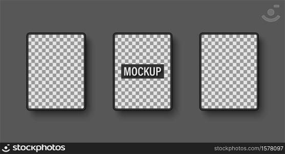 Electronic gadgets mockup. Tablet with transparent screen on gray background. Vector illustration