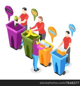 Electronic garbage isometric composition with human characters putting various types of waste in separate trash bins vector illustration