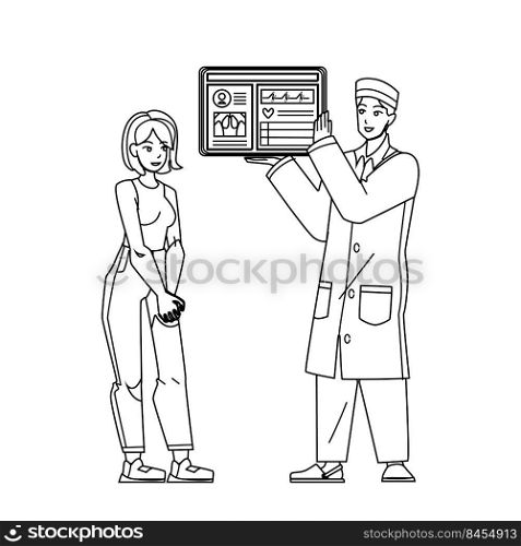 electronic health record eht vector. doctor hospital, computer record, patient technology, digital tablet information electronic health record eht. people black line pencil drawing vector illustration. electronic health record eht vector